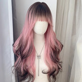 Black Ombre Pink Long Synthetic Wig Full Bang Style