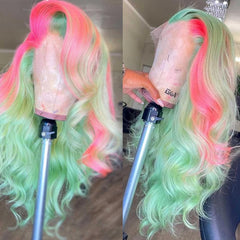 Green Highlight Pink Body Wave Lace Front Colored Human Hair Wigs