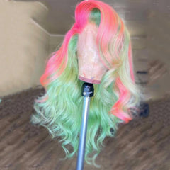 Green Highlight Pink Body Wave Lace Front Colored Human Hair Wigs