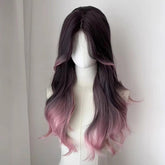 Gradient Highlight Pink Black Long Wave Hair Middle Part Wig