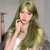 Green Long Straight Hair Fiber Wigs With Bang Style None Lace