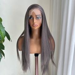 Cyan-Silver Grey Straight Synthetic 13x4 Lace Front Wig