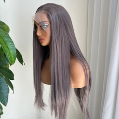 Cyan-Silver Grey Straight Synthetic 13x4 Lace Front Wig