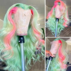 Green Highlight Pink Body Wave Lace Front Colored Human Hair Wigs