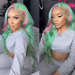 Green Highlight Pink Body Wave Lace Front Colored Human Hair Wigs