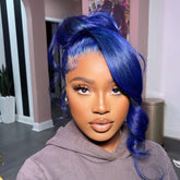 Short Blue Lace Front Wig Human Hair Pre Plucked Dark Blue Body Wave Wig