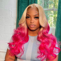Blonde Pink Ombre Lace Front Wigs Human Hair 200% Density Pink Wig