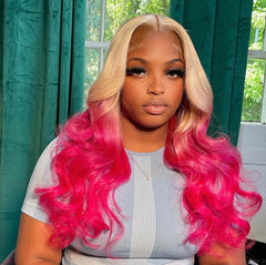 Blonde Pink Ombre Lace Front Wigs Human Hair 200% Density Pink Wig