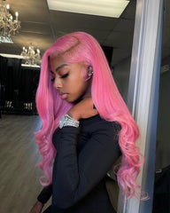 Pink Wavy Lace Front Wigs Human Hair 200% Density Lace Wig