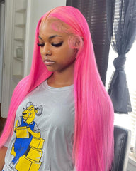 Straight Light Pink Lace Front Wig Pre Plucked Glueless Long Straight Wig