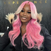 Thick Volume Pink Hair Blonde Highlight Lace Front Wigs 20" Wavy Hair Wig