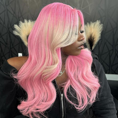 Thick Volume Pink Hair Blonde Highlight Lace Front Wigs 20" Wavy Hair Wig