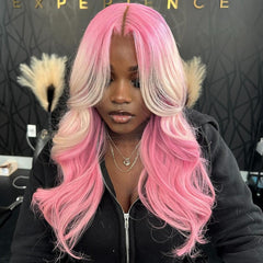 Thick Volume Pink Hair Blonde Highlight Lace Front Wigs 20" Wavy Hair Wig