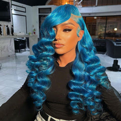 Lace Front Wig Human Hair Pre Plucked Dark Blue Loose Wave Wig