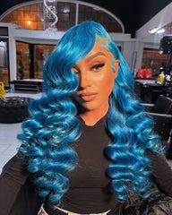 Lace Front Wig Human Hair Pre Plucked Dark Blue Loose Wave Wig