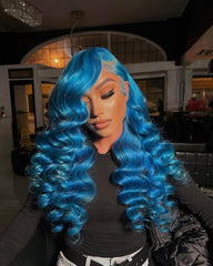 Lace Front Wig Human Hair Pre Plucked Dark Blue Loose Wave Wig