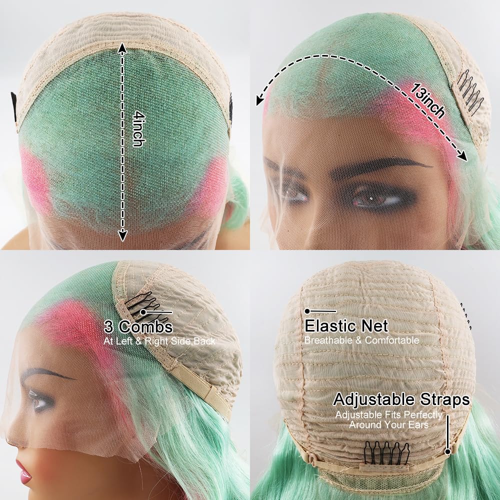 Green Highlight Pink Body Wave Lace Front Colored Human Hair Wigs