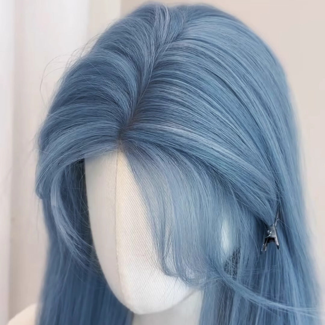 Mountain Mist Blue Long Straight Hair Medium White Daily Wig
