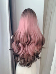 Black Ombre Pink Long Synthetic Wig Full Bang Style