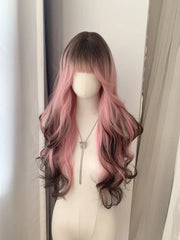Black Ombre Pink Long Synthetic Wig Full Bang Style