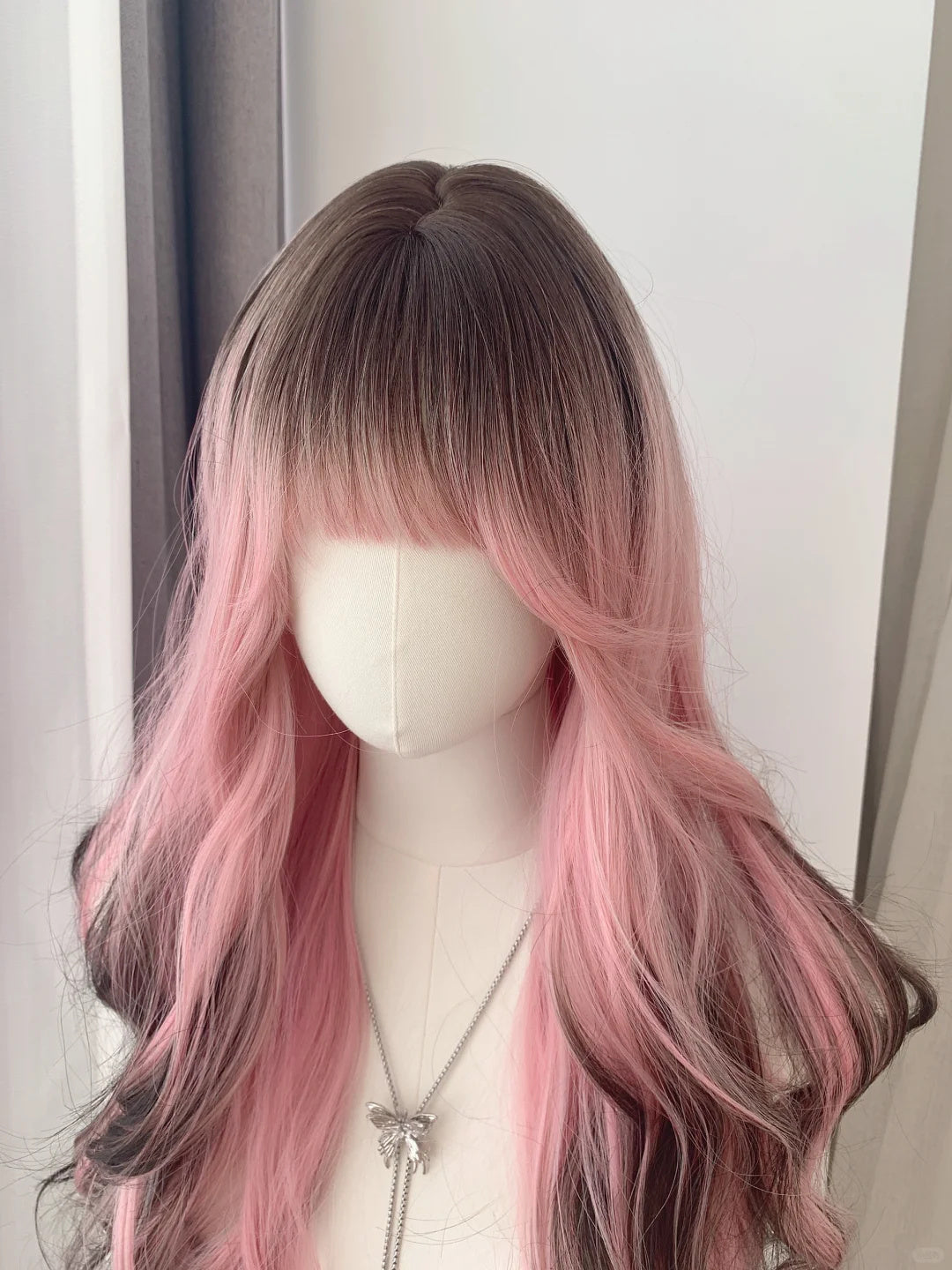 Black Ombre Pink Long Synthetic Wig Full Bang Style