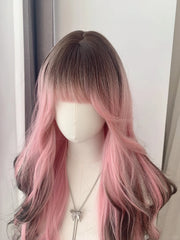 Black Ombre Pink Long Synthetic Wig Full Bang Style