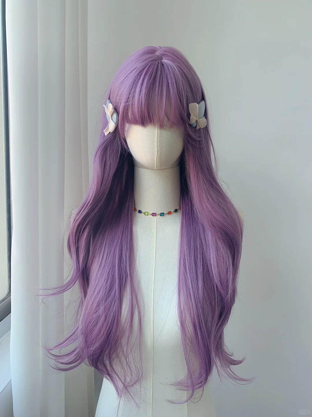Purple Wavy None Lace Synthetic Wig Full Bang Style
