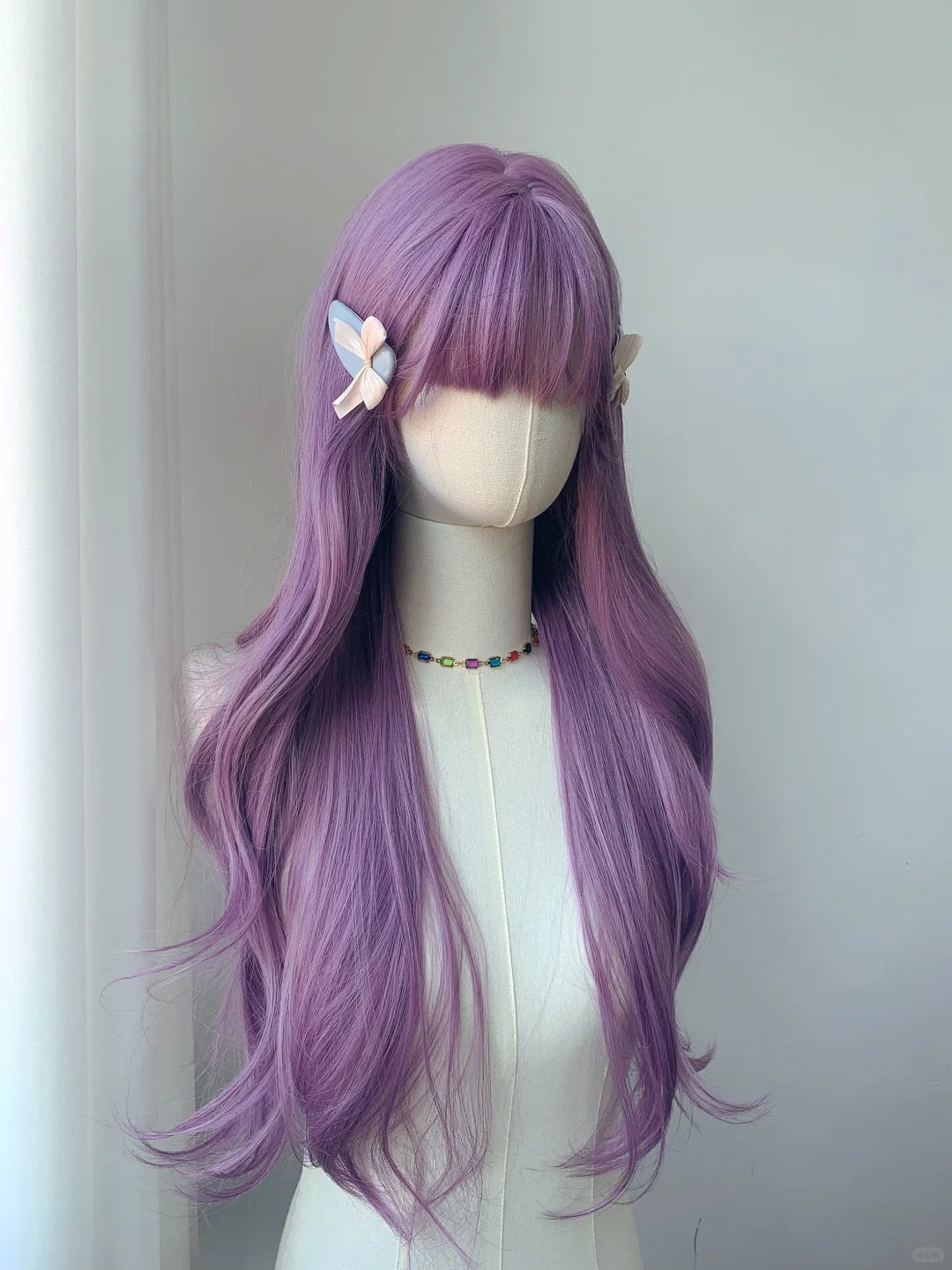 Purple Wavy None Lace Synthetic Wig Full Bang Style