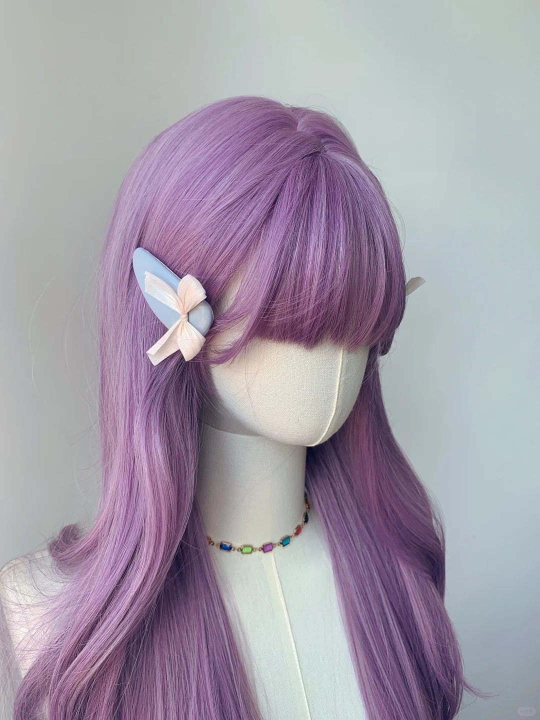 Purple Wavy None Lace Synthetic Wig Full Bang Style