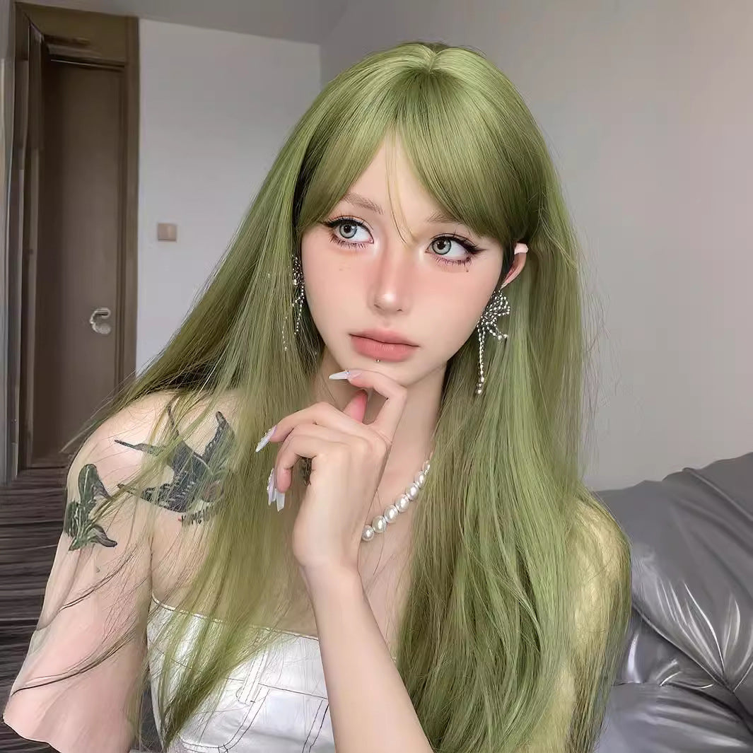 Green Long Straight Hair Fiber Wigs With Bang Style None Lace