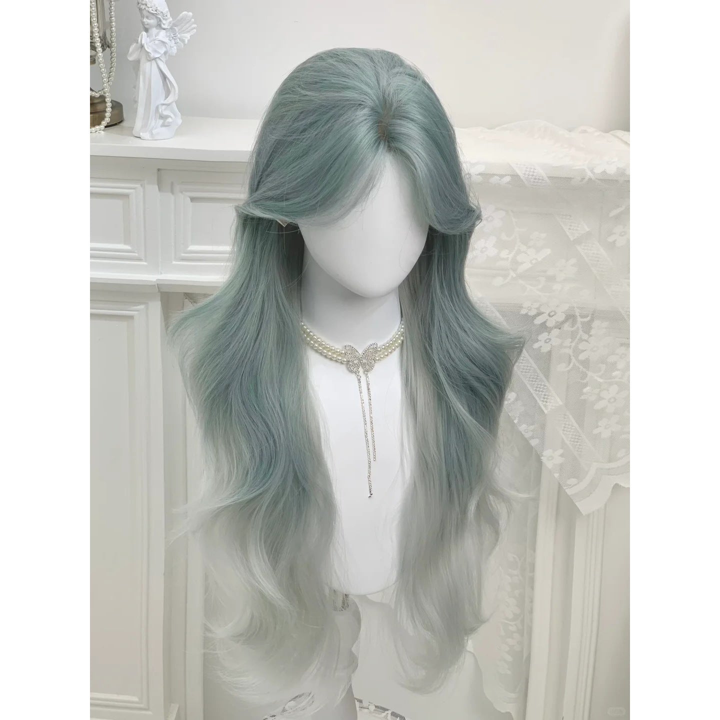 Summer Female Mint Blue Gradient Middle Part Hair Natural Wave Wig