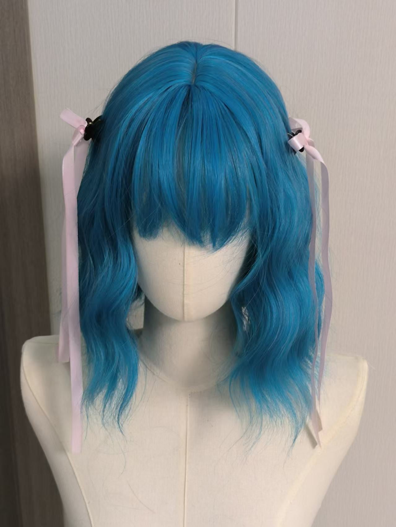 Short Curly Hair Sea Blue Lolita Curling Wig with Bangs