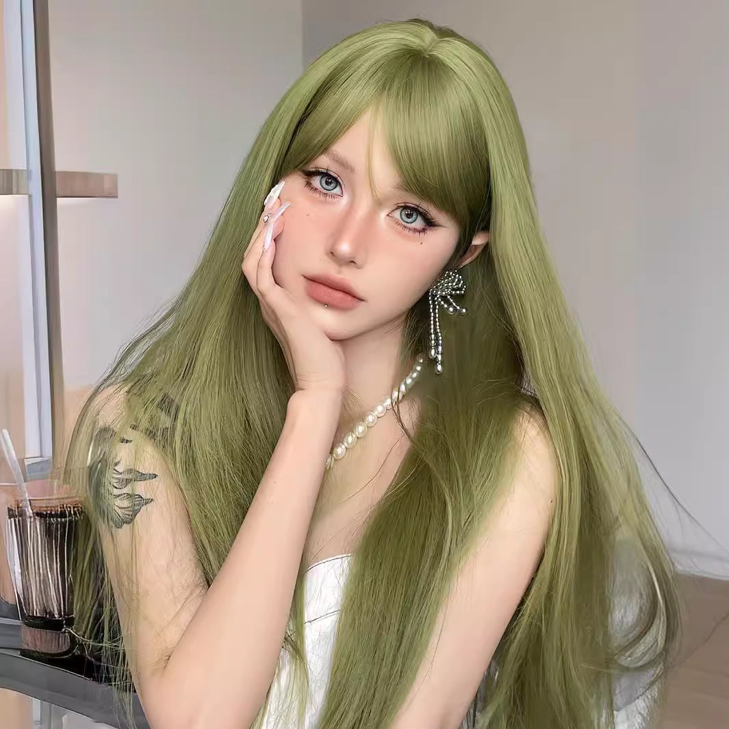 Green Long Straight Hair Fiber Wigs With Bang Style None Lace