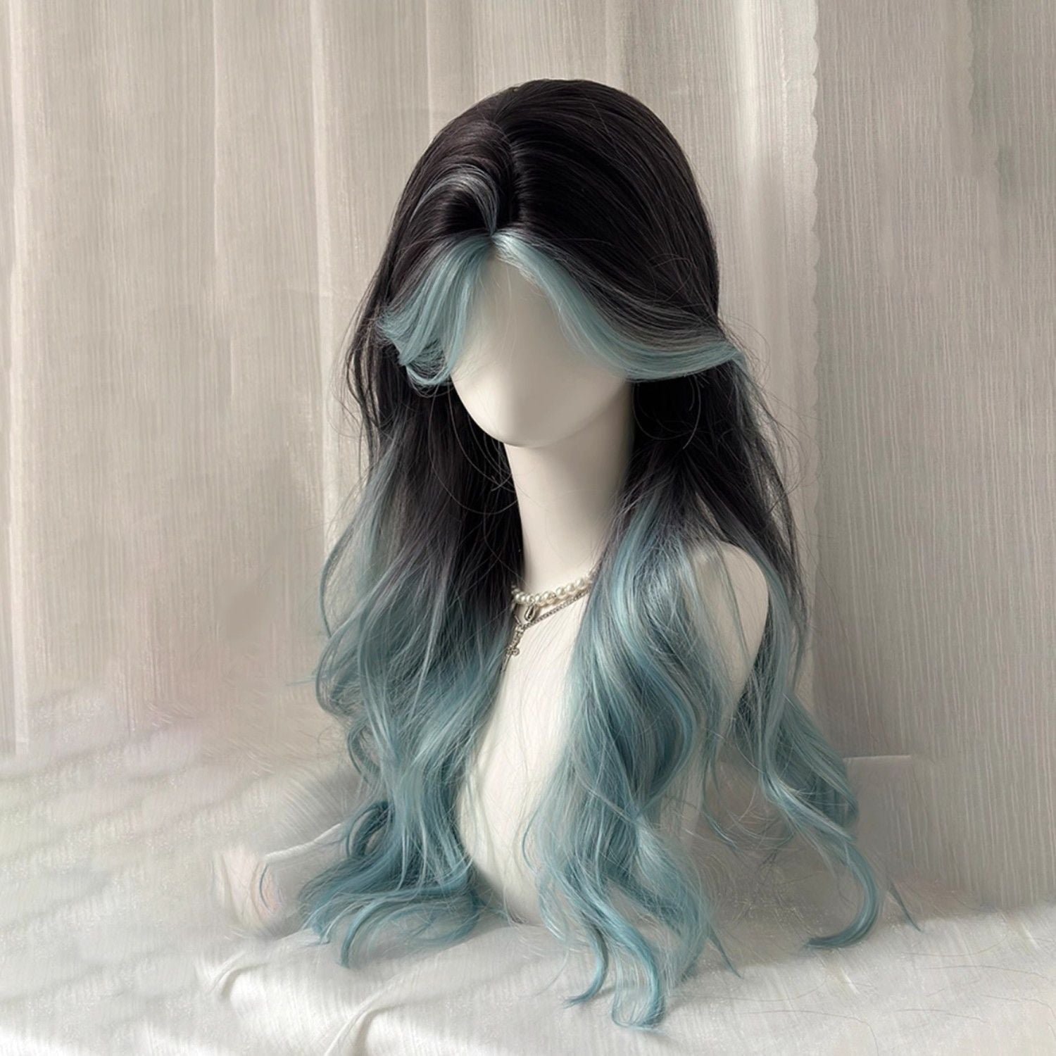 Mint Gradient Blue-Green Middle Part Bang Highlighted Wig