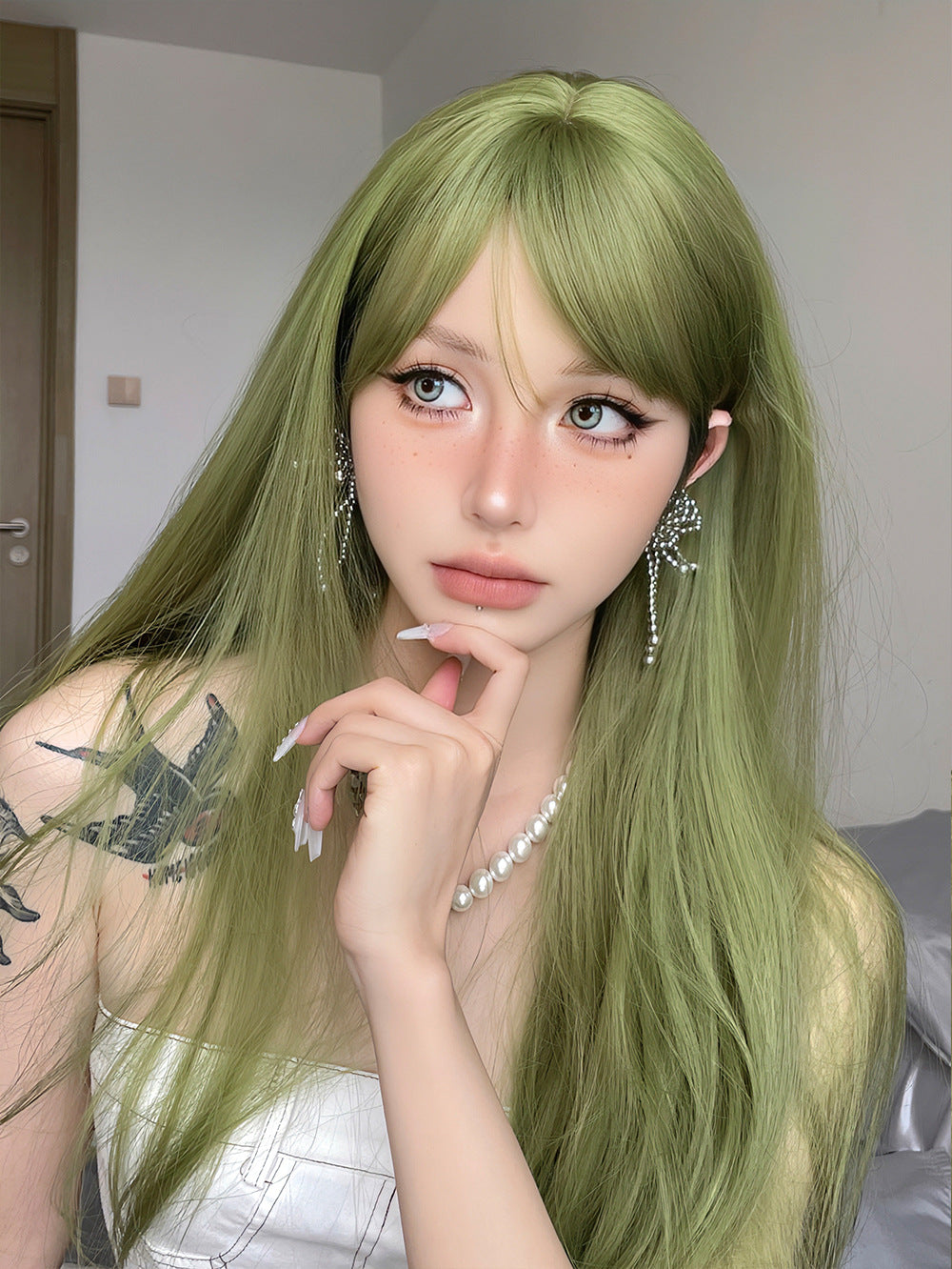 Green Long Straight Hair Fiber Wigs With Bang Style None Lace
