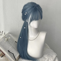 Blue Gray Sweet Long Straight Hair Straight Bangs Style Wig