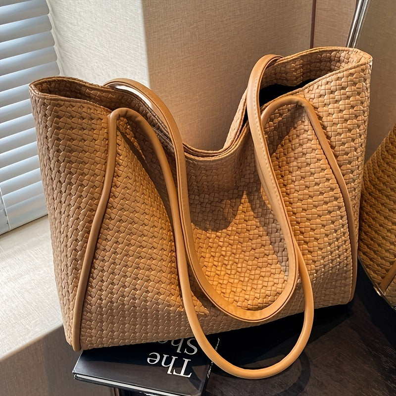 Large Capacity Women's Tote Bag - Retro Fashion Simple Shoulder Bag with Textured Design