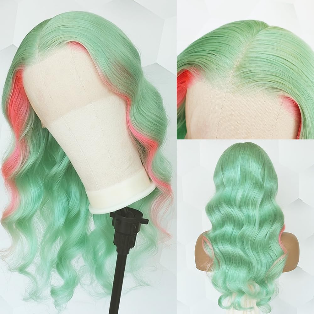 Green Highlight Pink Body Wave Lace Front Colored Human Hair Wigs
