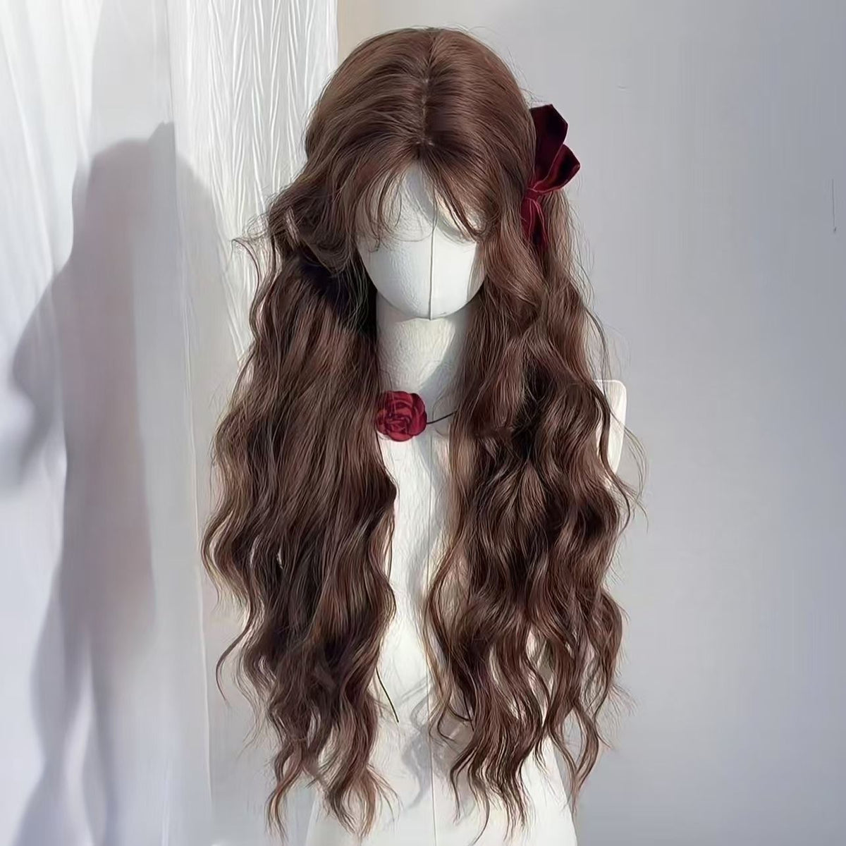 Autumn Chestnut Brown Wool Long Curly Hair Wig for Women