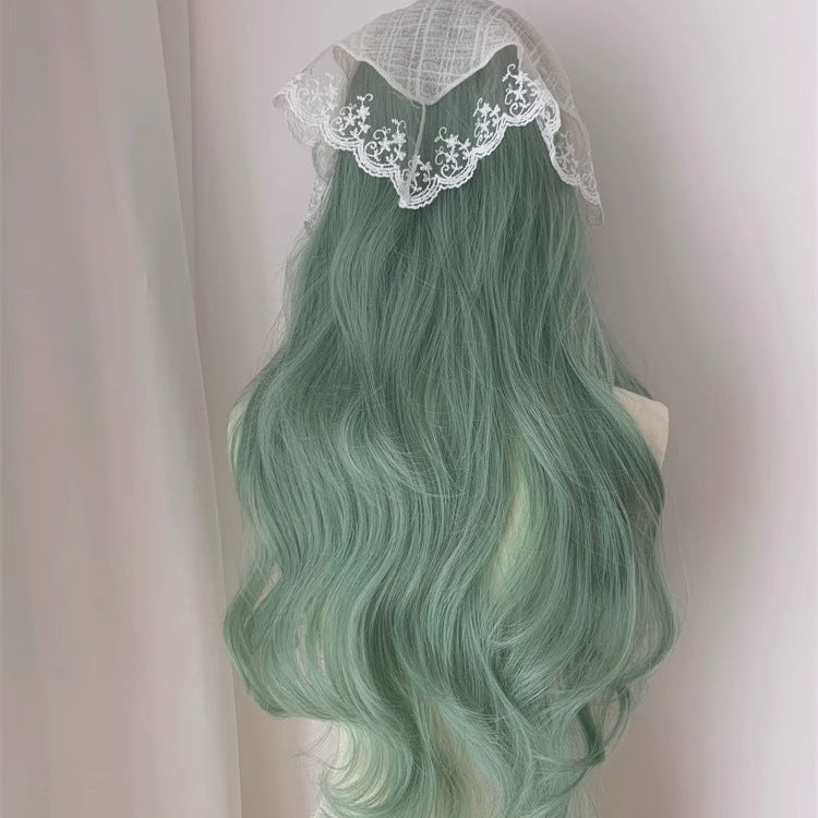 Mint Green Wig Female Full Head Wig Long Wave Hair