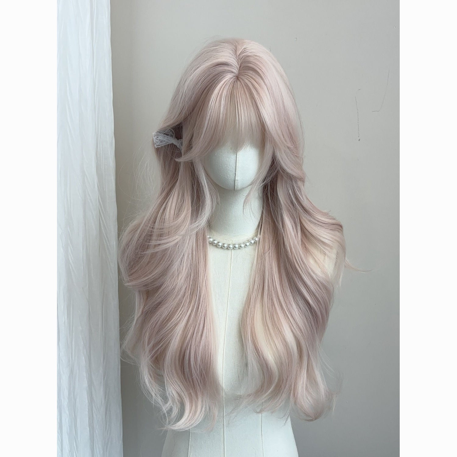 Pink Long Hair Misty Pink Gold Long Curly Hair with Bangs