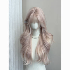 Pink Long Hair Misty Pink Gold Long Curly Hair with Bangs