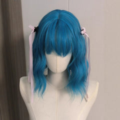 Short Curly Hair Sea Blue Lolita Curling Wig with Bangs