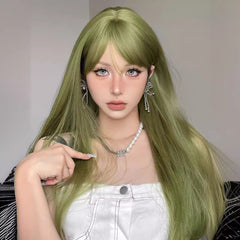 Green Long Straight Hair Fiber Wigs With Bang Style None Lace