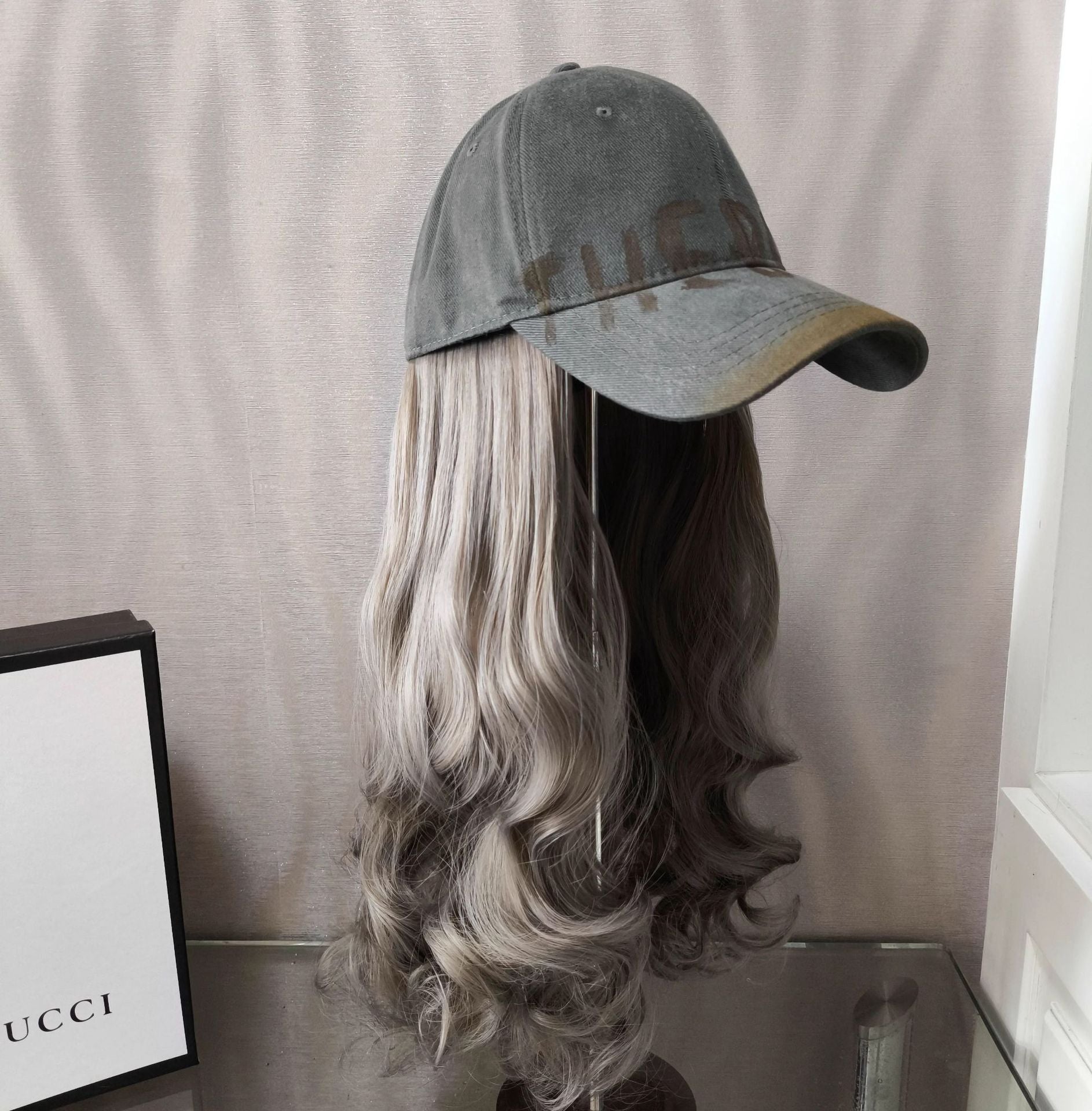 Retro Baseball Cap Wig with Detachable Wig Letter Design Face Slimming