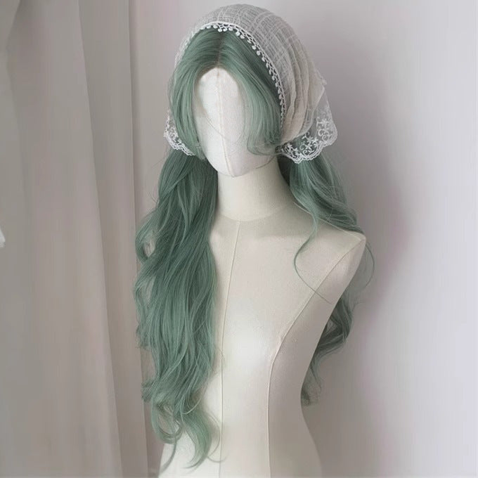 Mint Green Wig Female Full Head Wig Long Wave Hair
