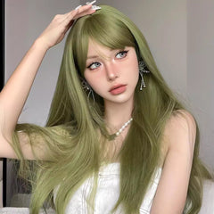 Green Long Straight Hair Fiber Wigs With Bang Style None Lace