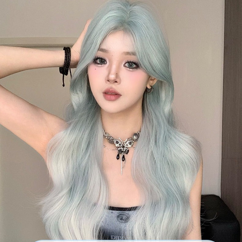 Summer Female Mint Blue Gradient Middle Part Hair Natural Wave Wig