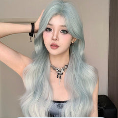 Summer Female Mint Blue Gradient Middle Part Hair Natural Wave Wig