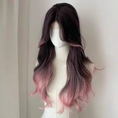 Gradient Highlight Pink Black Long Wave Hair Middle Part Wig